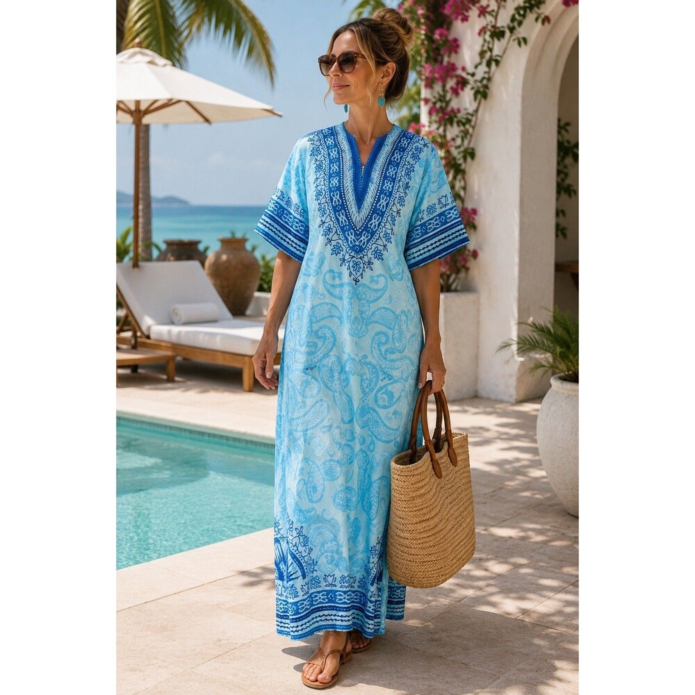 Vtg Daphne Logan Jamaica Hawaiian Blue Paisley Caftan Pool Coverup Cruise M